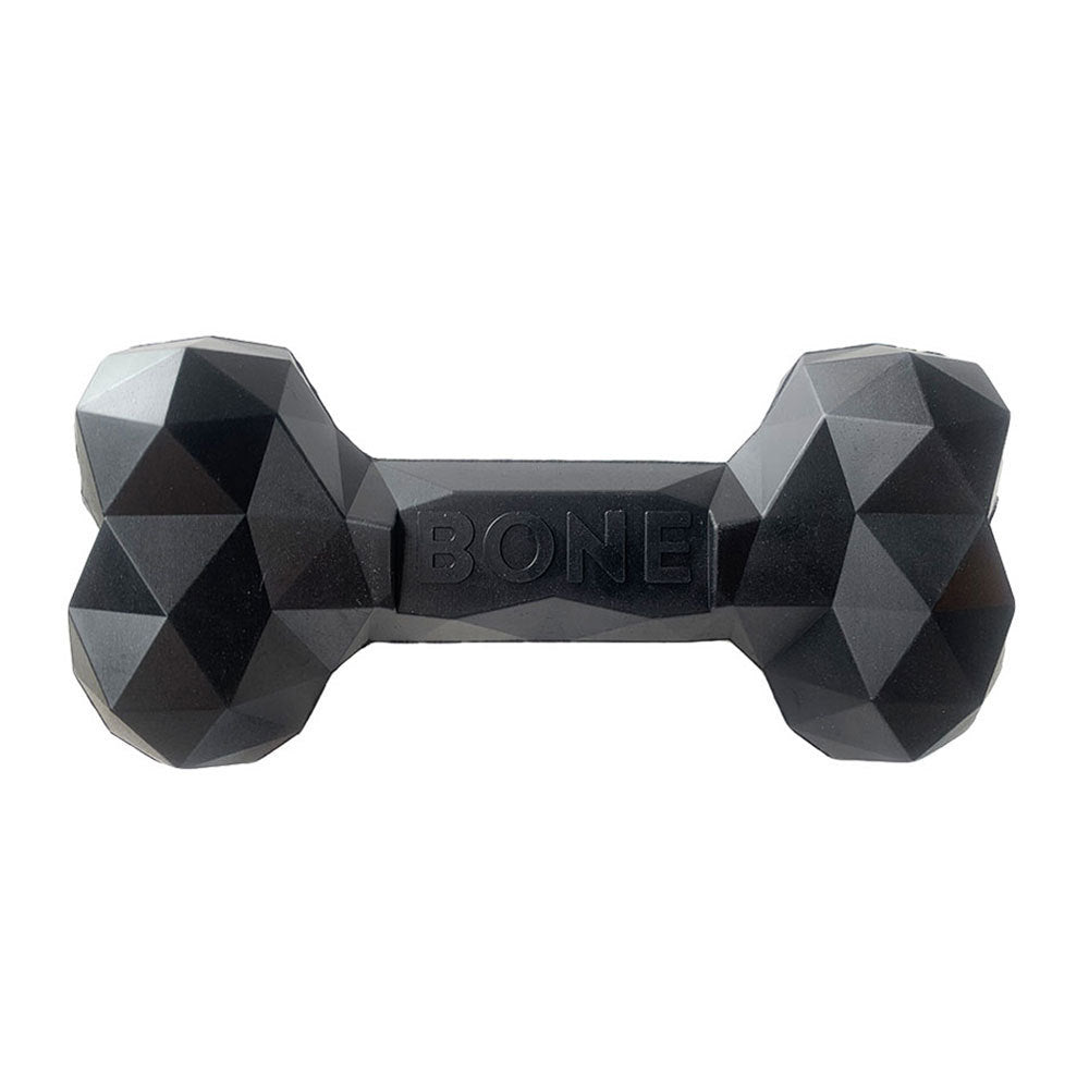 Black geometric rubber dog bone toy with BONE logo on white background