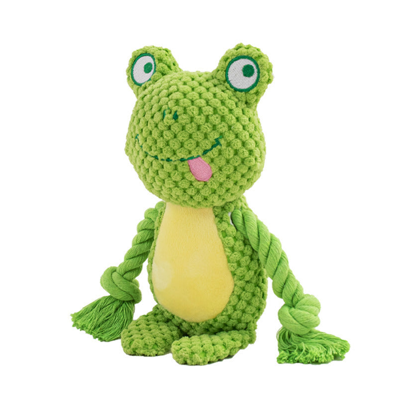 Green frog plush rope dog toy with yellow belly and protruding eyes