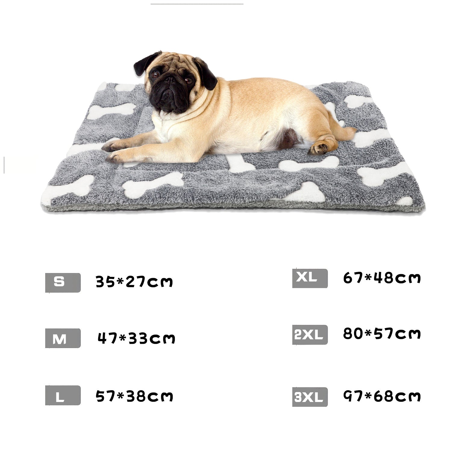 Pug lying on gray and white bone patterned plush pet bed mat, size chart shown