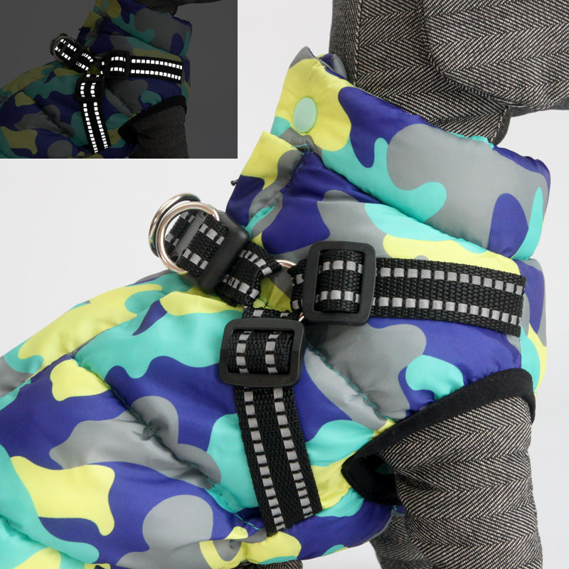 Close-up of yellow and blue camouflage dog jacket harness and zipper