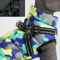 Load image into Gallery viewer, Close-up of yellow and blue camouflage dog jacket harness and zipper
