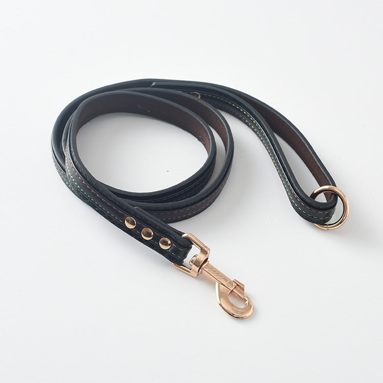 Close-up of black PU leather dog leash with metal clasp and colored stitching details