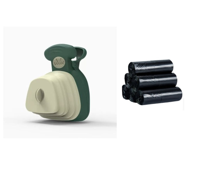 Teal and white foldable dog poop spoon dispenser with rolls of black plastic bags