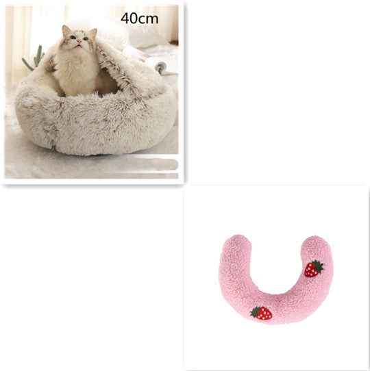 Beige dome pet bed with 40cm label and pink U-shaped pillow with strawberry embroidery