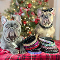 Load image into Gallery viewer, Two French Bulldogs wearing PU rhinestone collars sitting on a red plaid blanket with stacked rhinestone collars in front
