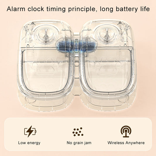 Transparent top view of automatic pet feeder showing alarm clock style mechanical timers; icons for low energy, no grain jam, and wireless operation