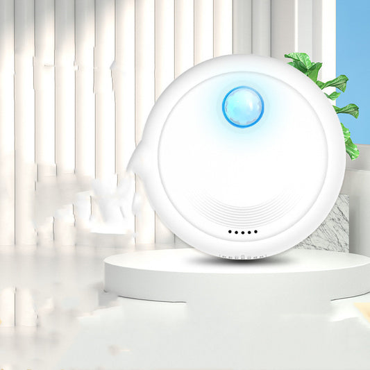 White circular pet odor purifier emitting fresh air on white pedestal with plant background