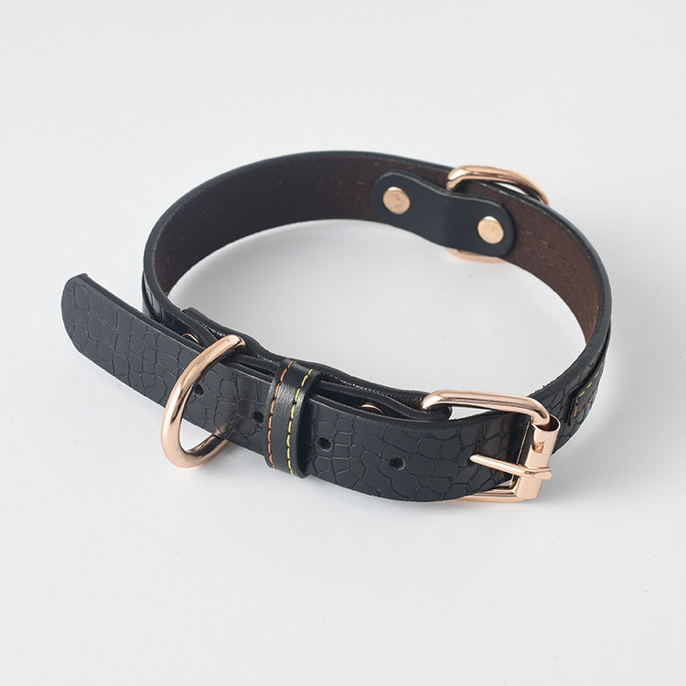 Black PU leather dog collar with crocodile pattern and rose gold buckle