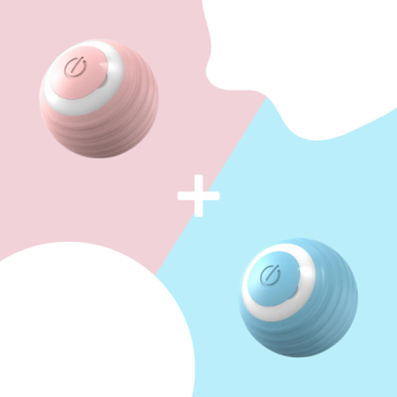 Split image showing the pink and blue versions of the interactive automatic cat toy balls side by side