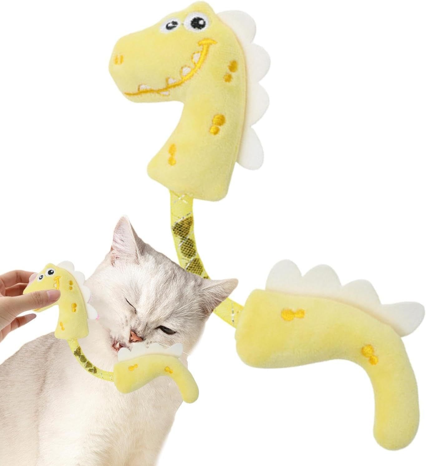White cat playing with a yellow plush dinosaur chew toy held by a person