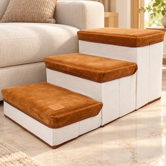 Brown foldable three-step pet stairs beside a cream sofa