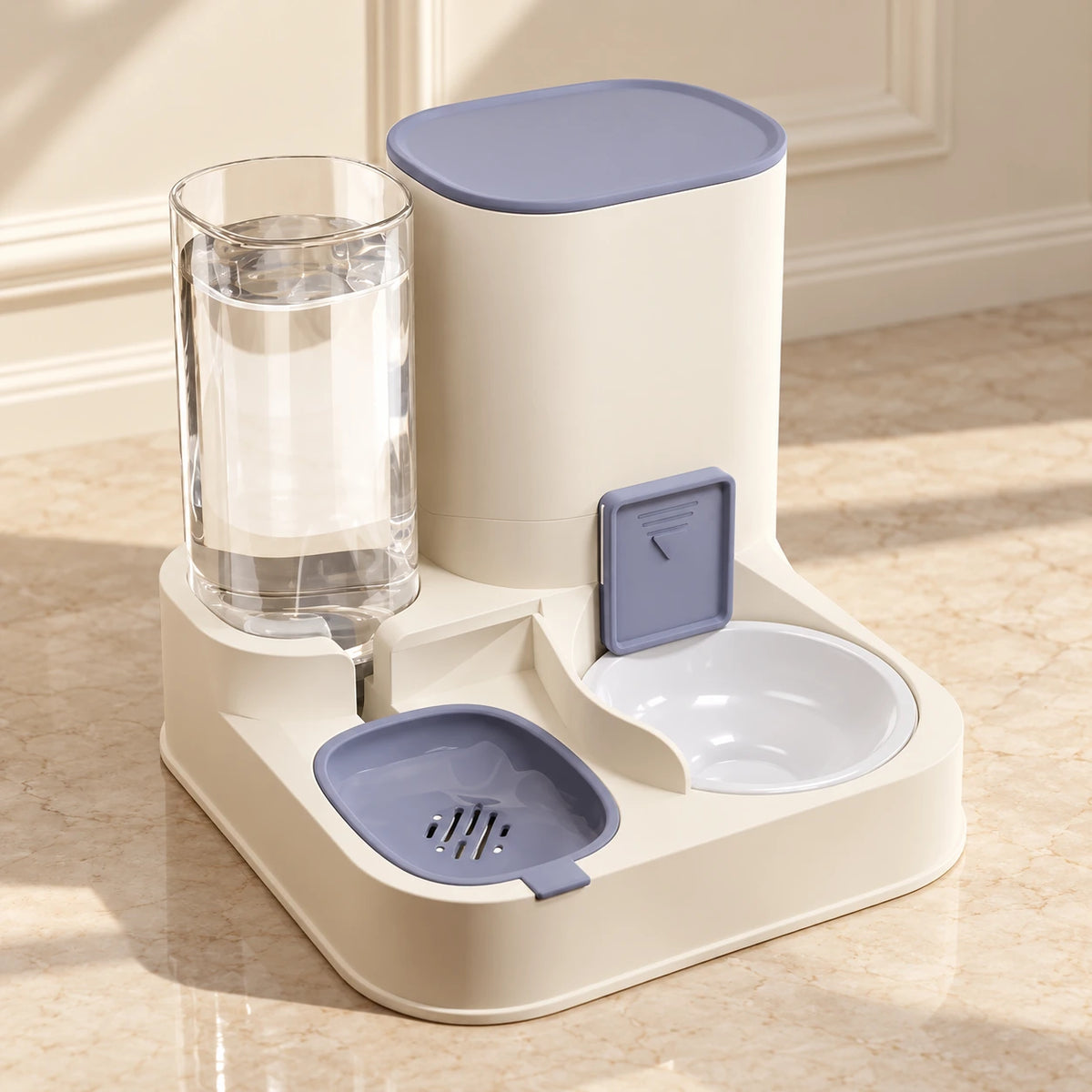 Haze Blue gravity feeding station with a white ceramic food bowl and clear water reservoir