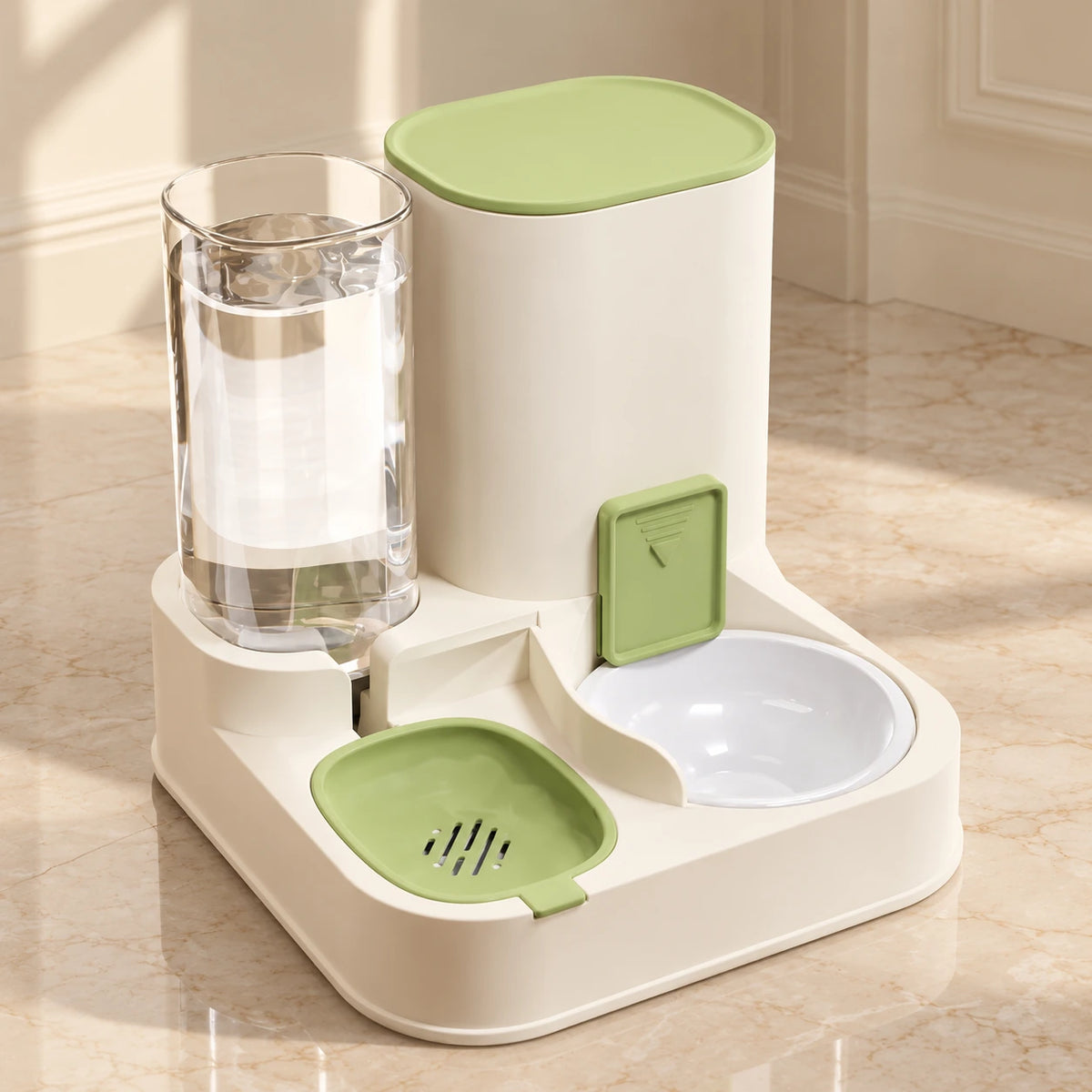 Grass Green gravity feeding station with a white ceramic food bowl and clear water reservoir