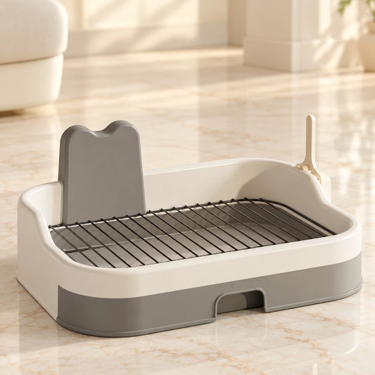 Gray portable dog potty tray with grate and splash panel on ivory marble