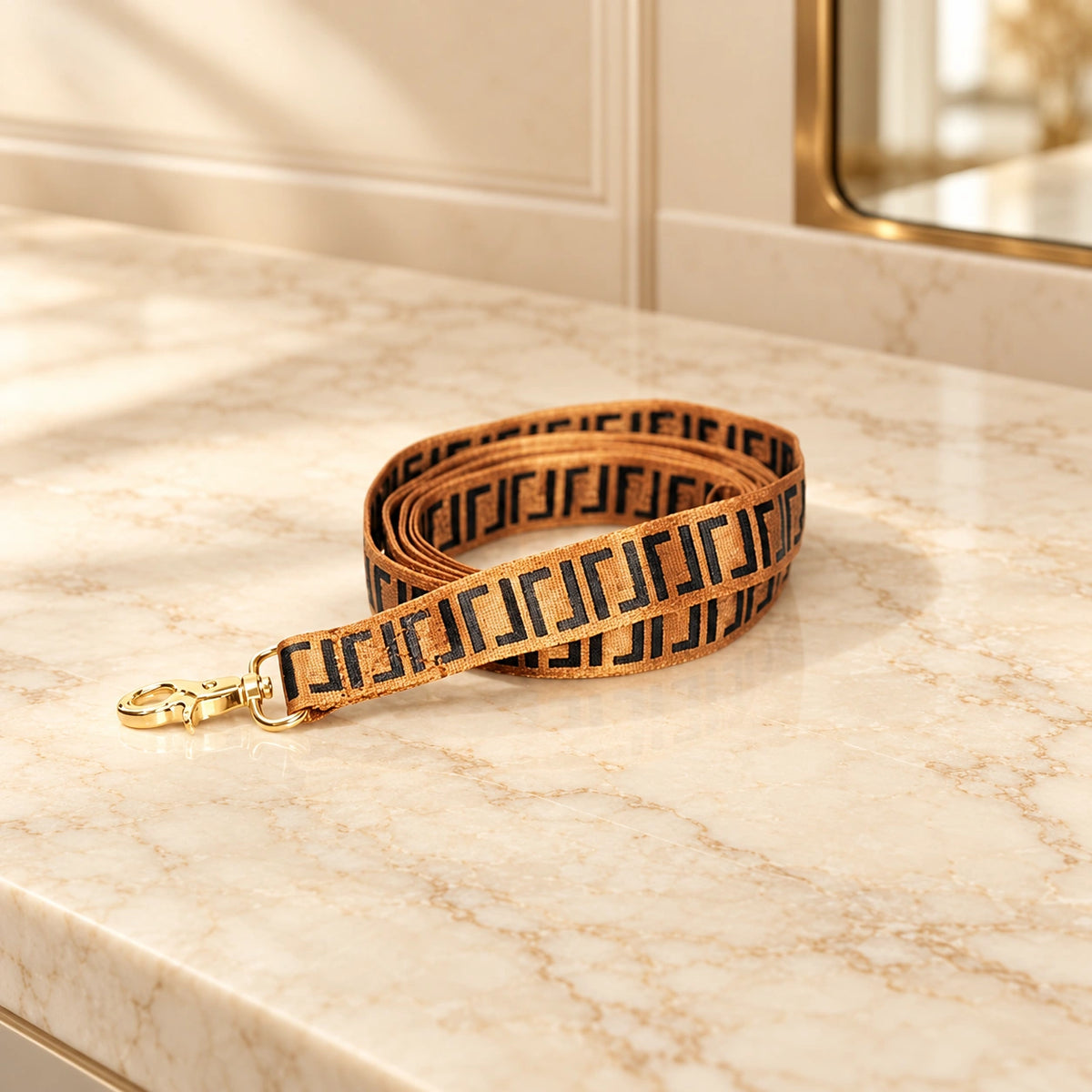 Tan and black Greek key dog leash with gold-tone clip on beige marble