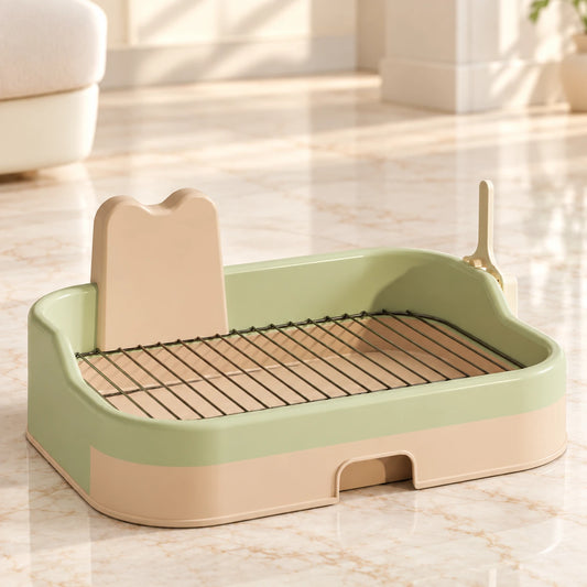 Green portable dog potty tray with grate and splash panel on ivory marble