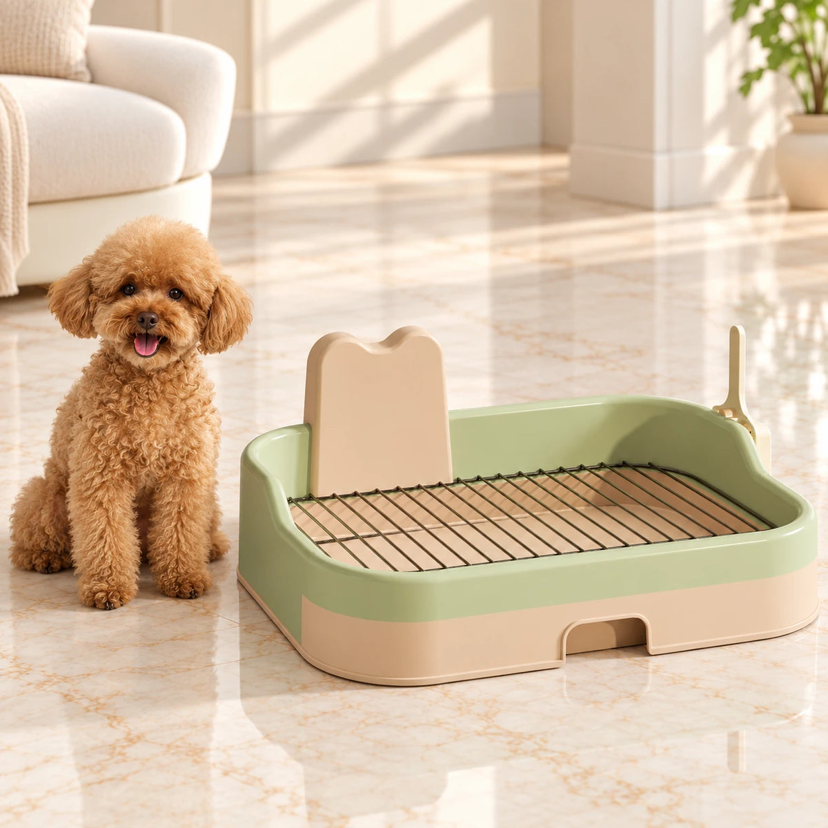 Small apricot poodle beside a green and beige dog potty tray on ivory marble