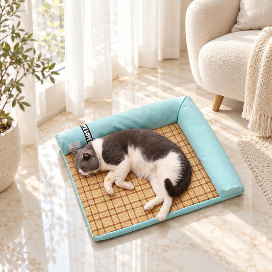 Grey and white cat resting on green square woven-look mat with two-sided bolster