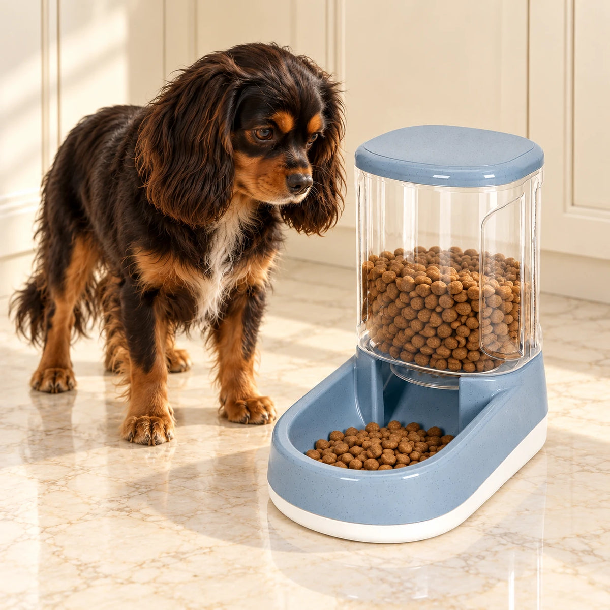 Black and tan Cavalier beside a grey gravity food dispenser containing dry kibble in a cream utility alcove