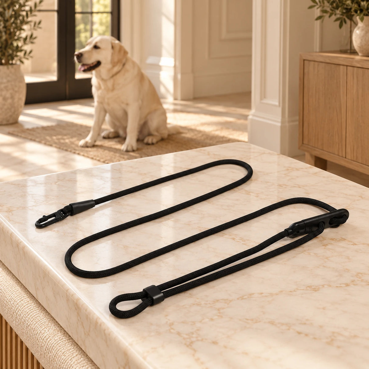 Black adjustable rope dog leash on an ivory marble bench with a pale yellow Labrador waiting by the door