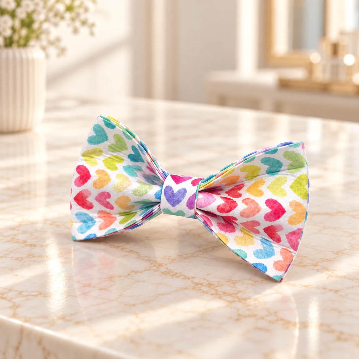 Multicolour heart-print fabric dog bow shown on an ivory marble console