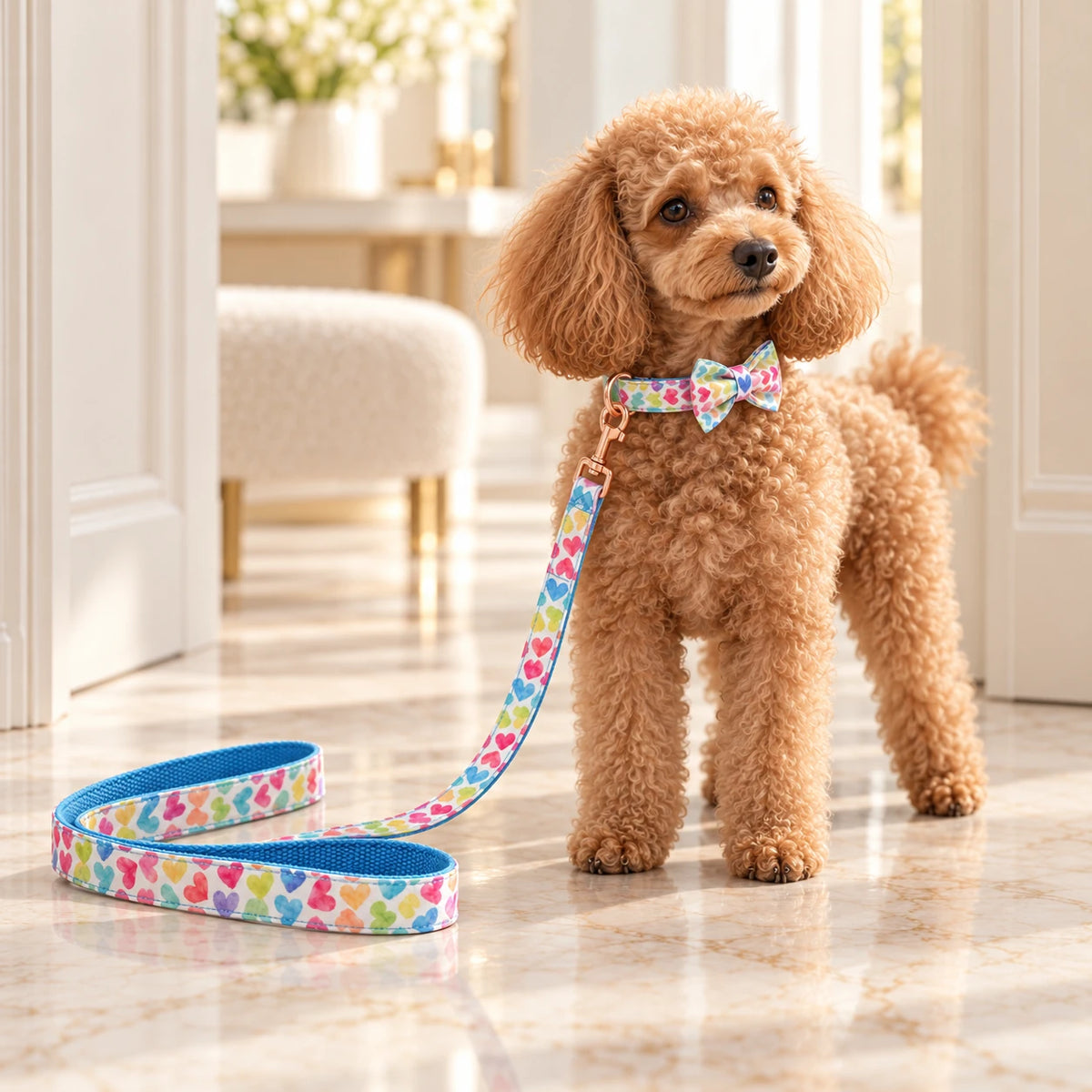 Apricot miniature poodle wearing a heart-print collar and bow with matching leash in a light cream entryway