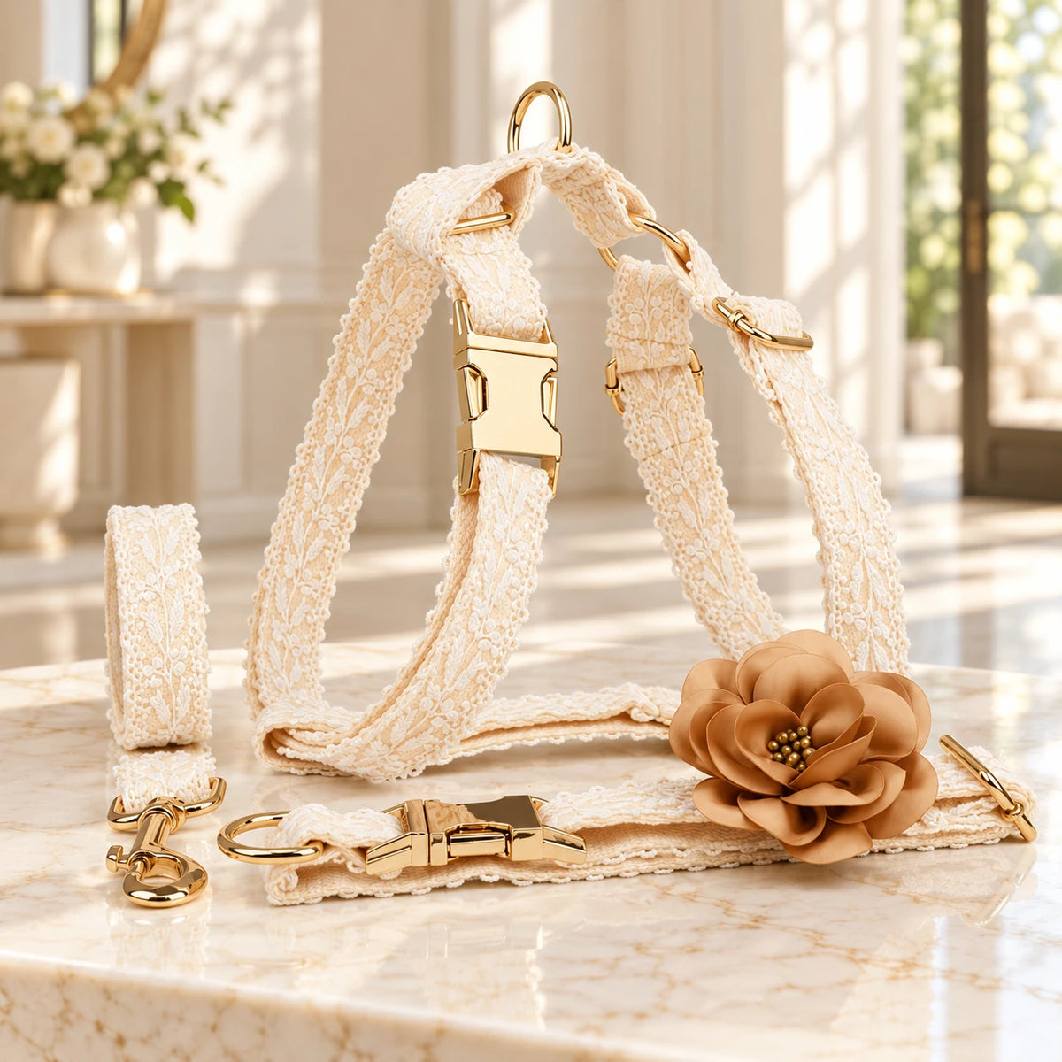Cream lace dog harness, collar and leash with gold hardware and a tan fabric flower on ivory marble