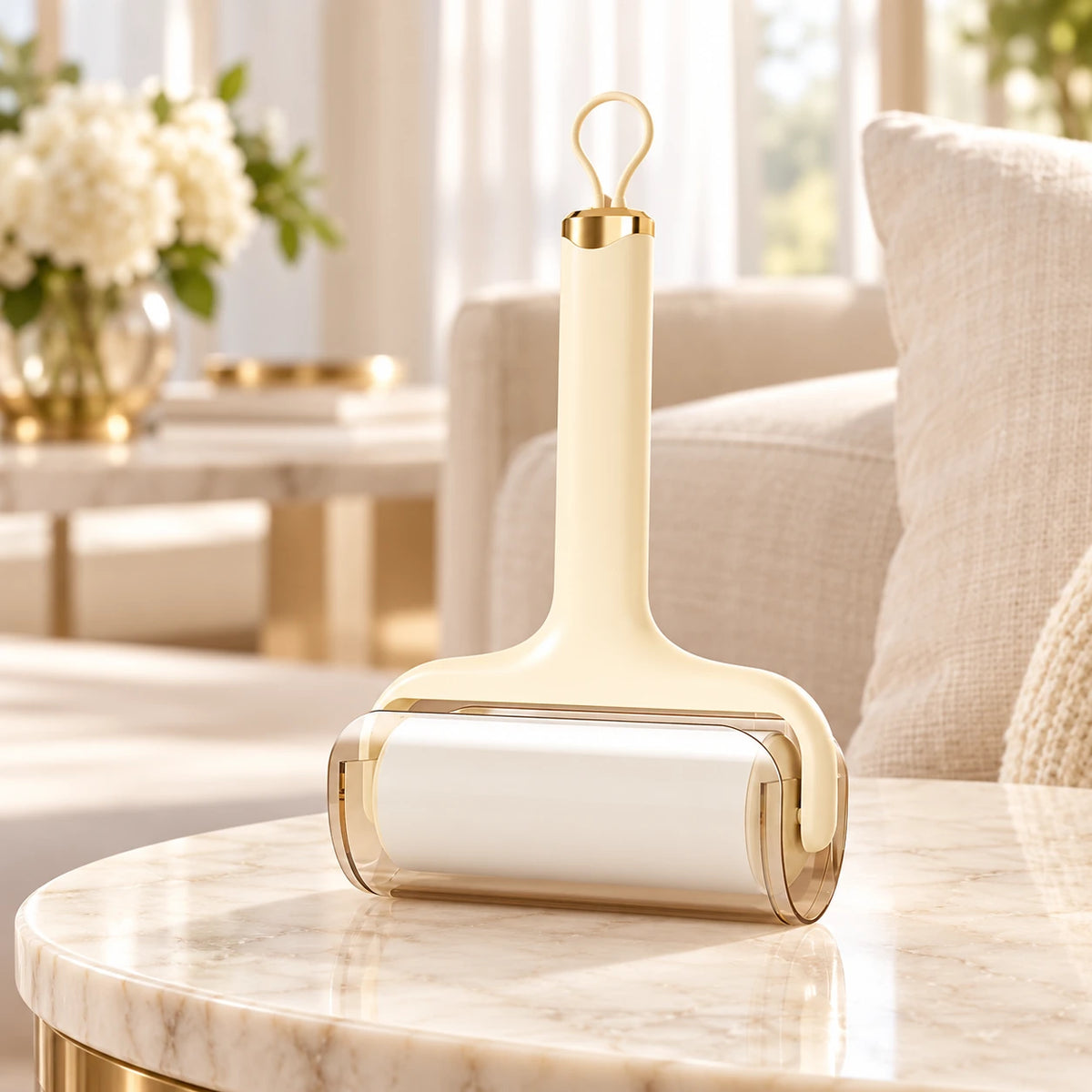Pale-yellow lint roller on a marble side table beside a cream linen sofa