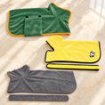Load image into Gallery viewer, Three dog drying robes in green, yellow and grey with two matching belts on ivory marble
