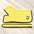 Load image into Gallery viewer, Yellow panda-patch dog drying robe with black trim and matching belt on ivory marble
