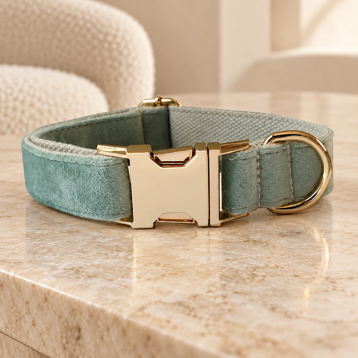 Mint velvet dog collar with gold-tone buckle on beige marble