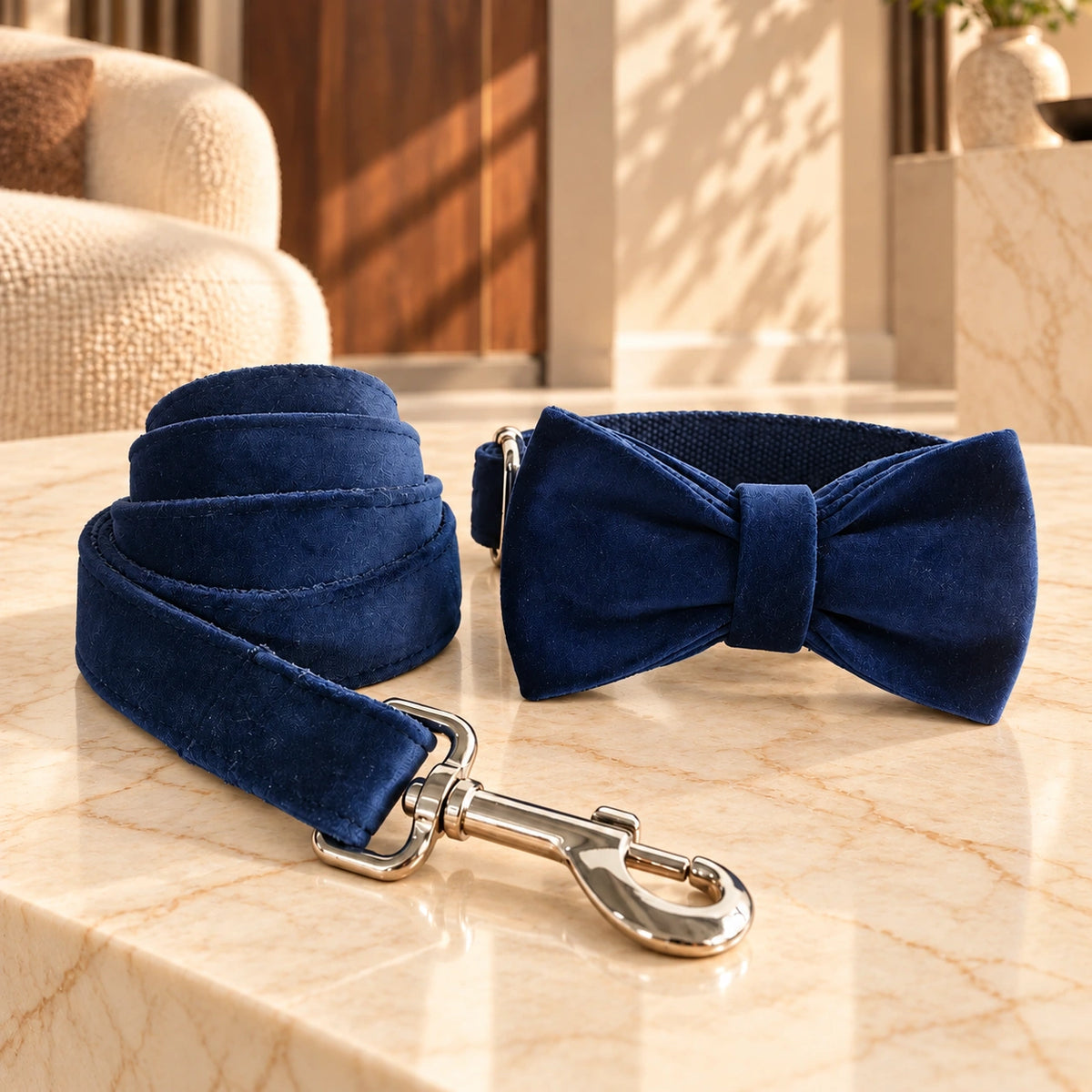Navy velvet bow collar and rolled matching leash with silver hardware on light ivory-beige marble.