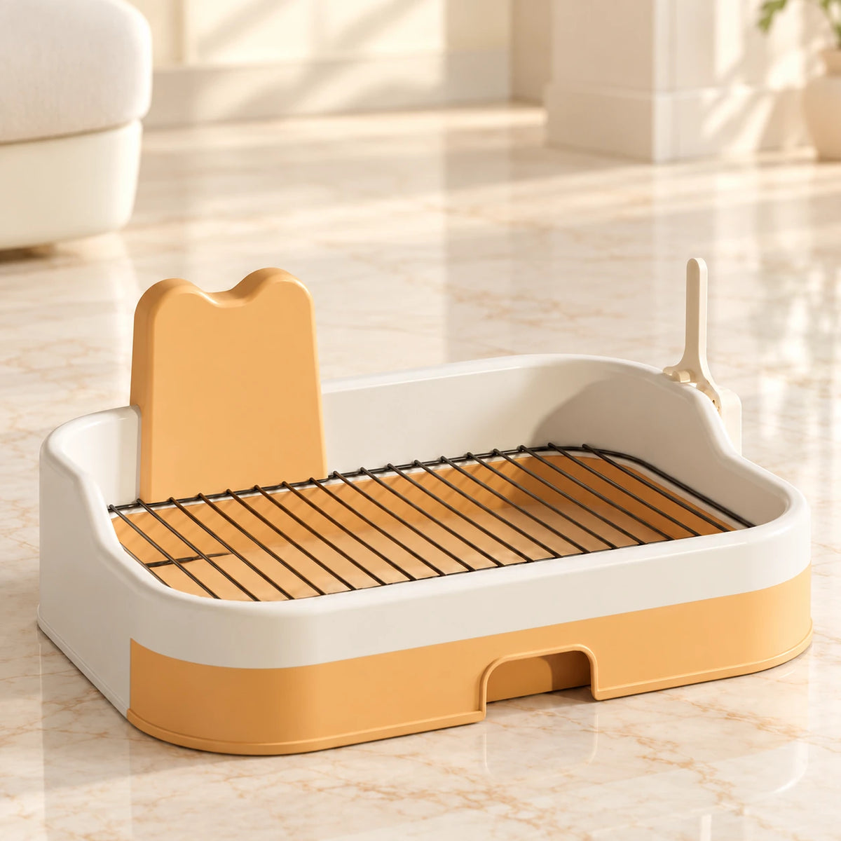 Orange portable dog potty tray with grate and splash panel on ivory marble