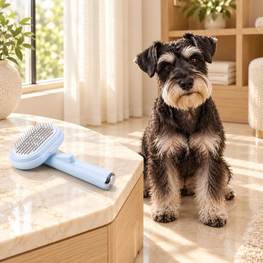 Pale blue grooming brush on an ivory marble bench beside a black and silver miniature schnauzer