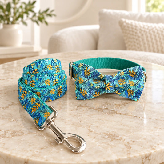 Blue and yellow leaf-pattern bow collar and matching leash on beige marble