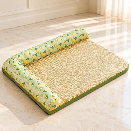 Lemon-print pet bed with two adjoining bolsters and a woven-look sleeping surface