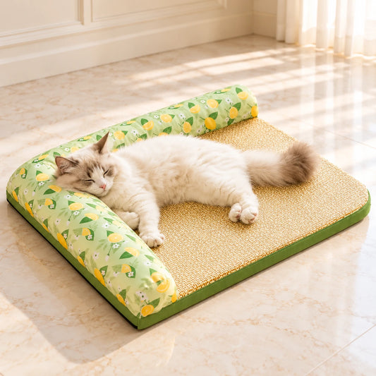 Fluffy cream cat resting on a lemon-print bolster pet bed on ivory marble