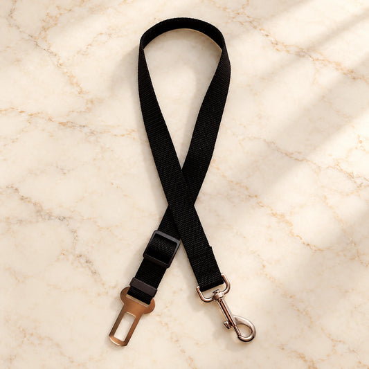 Black adjustable pet car tether with metal seatbelt clip and swivel snap hook