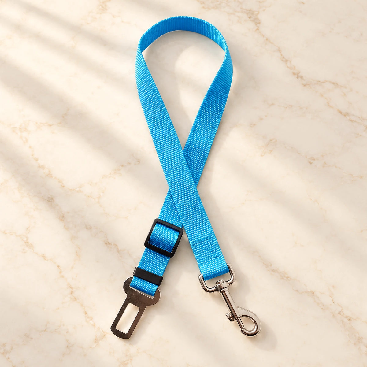 Sky blue adjustable pet car tether with metal seatbelt clip and swivel snap hook