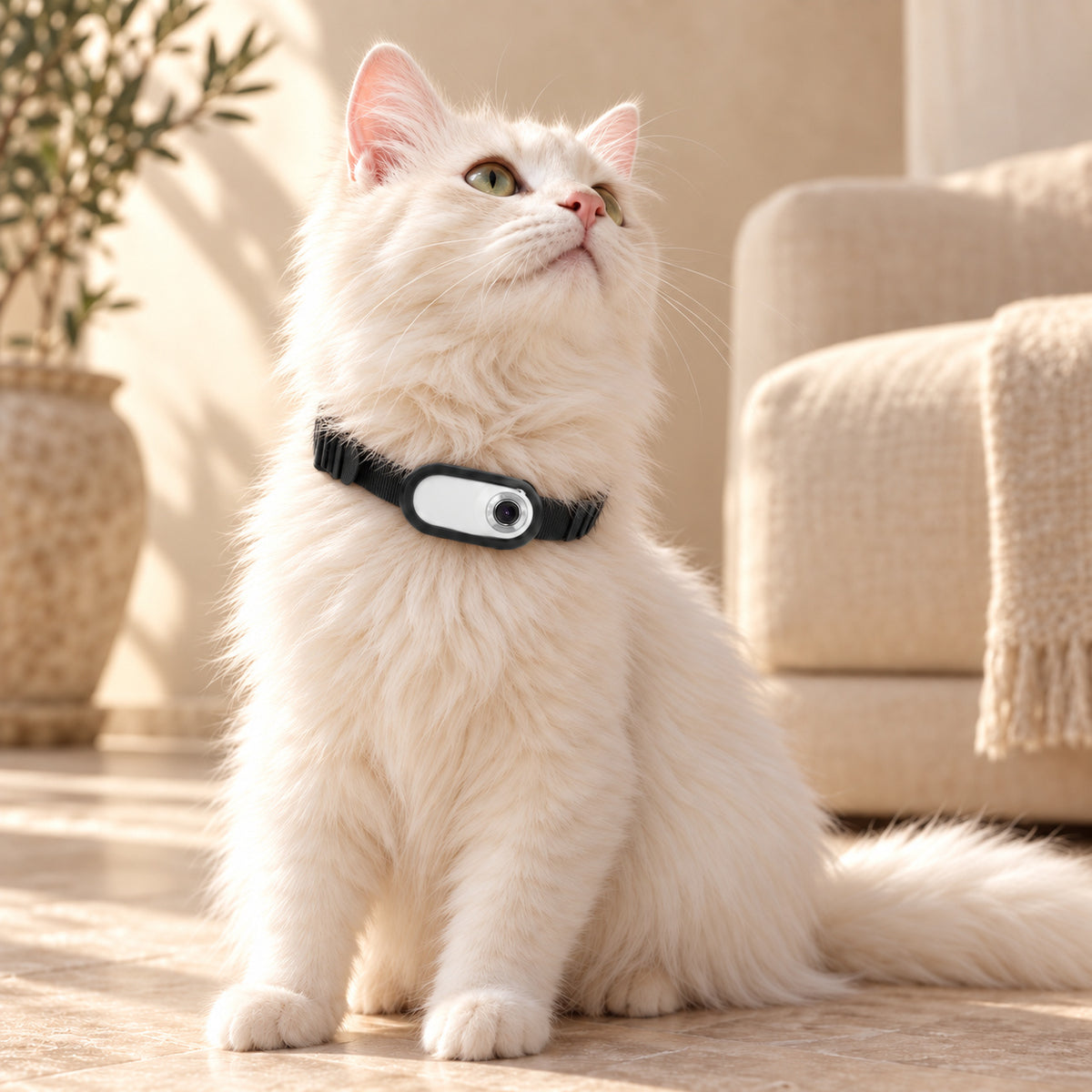 White long-haired cat wearing a white pet camera in a black collar holder