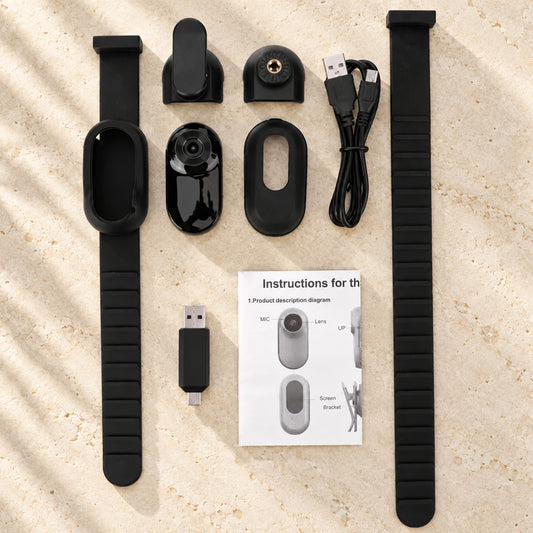 Black pet camera collar kit with straps, mounts, cable and card reader