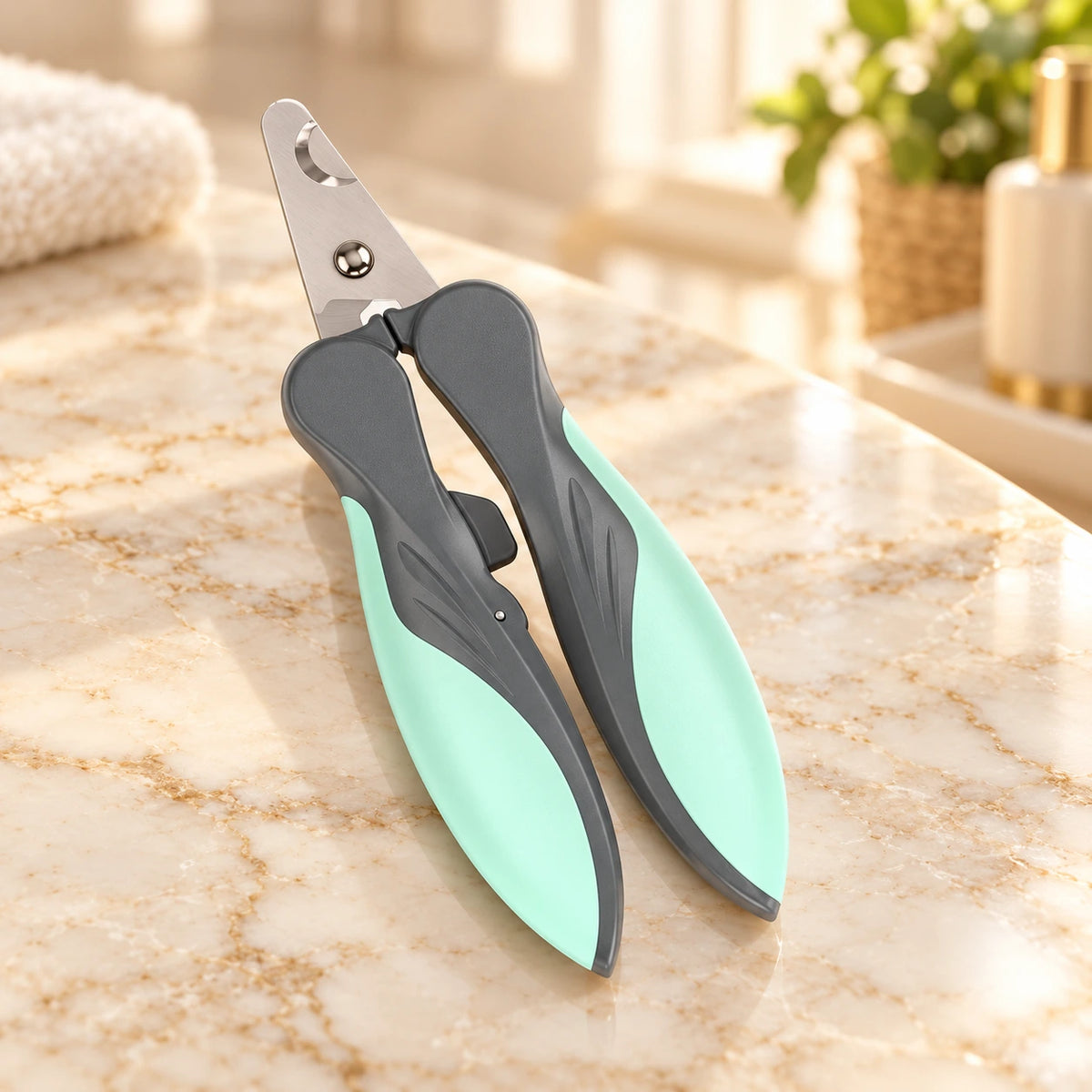 Green ergonomic pet nail clippers on pale ivory marble