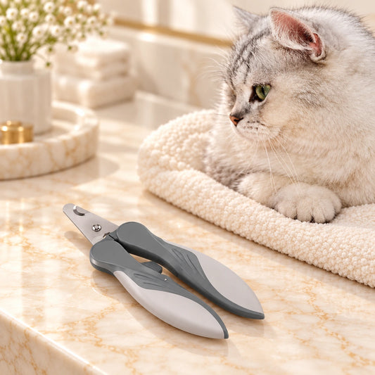 Grey ergonomic pet nail clippers resting on ivory marble beside a cat on a cream towel
