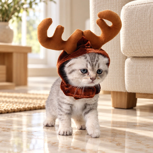 Silver-grey tabby kitten wearing the brown reindeer pet hat with padded antlers in a cream interior