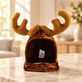 Cargar la imagen en la vista de la galería, Brown reindeer pet hat with padded golden-brown antlers on a pale beige marble surface
