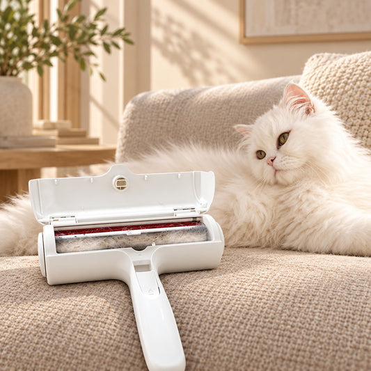 White long-haired cat beside a pet hair remover with its collection compartment open