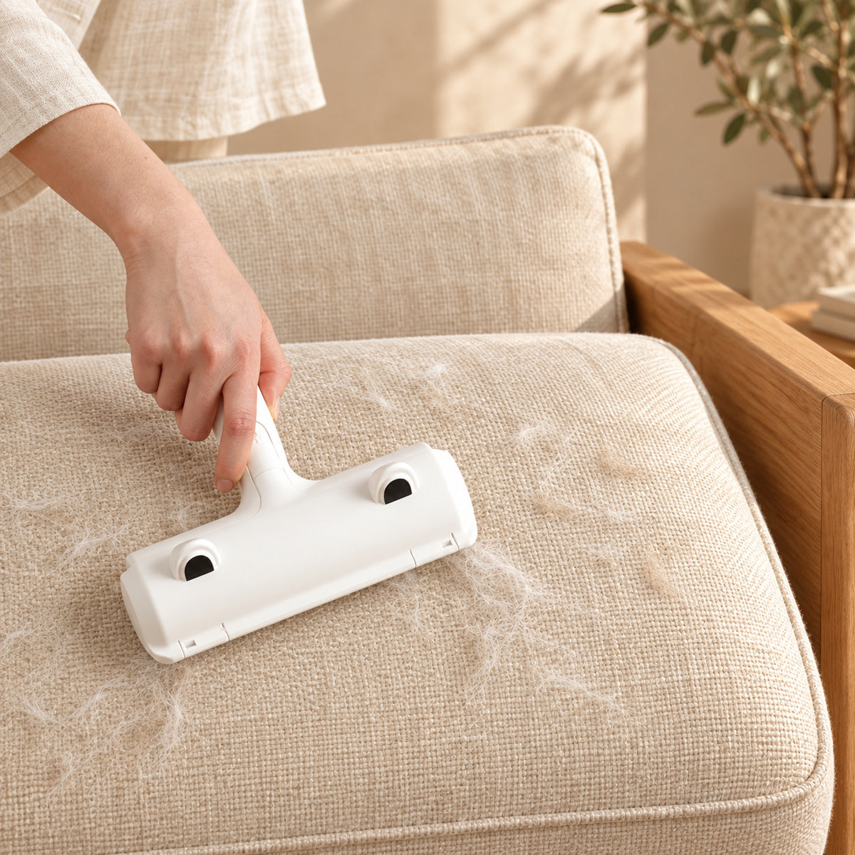 Using a white pet hair remover roller on cream sofa upholstery