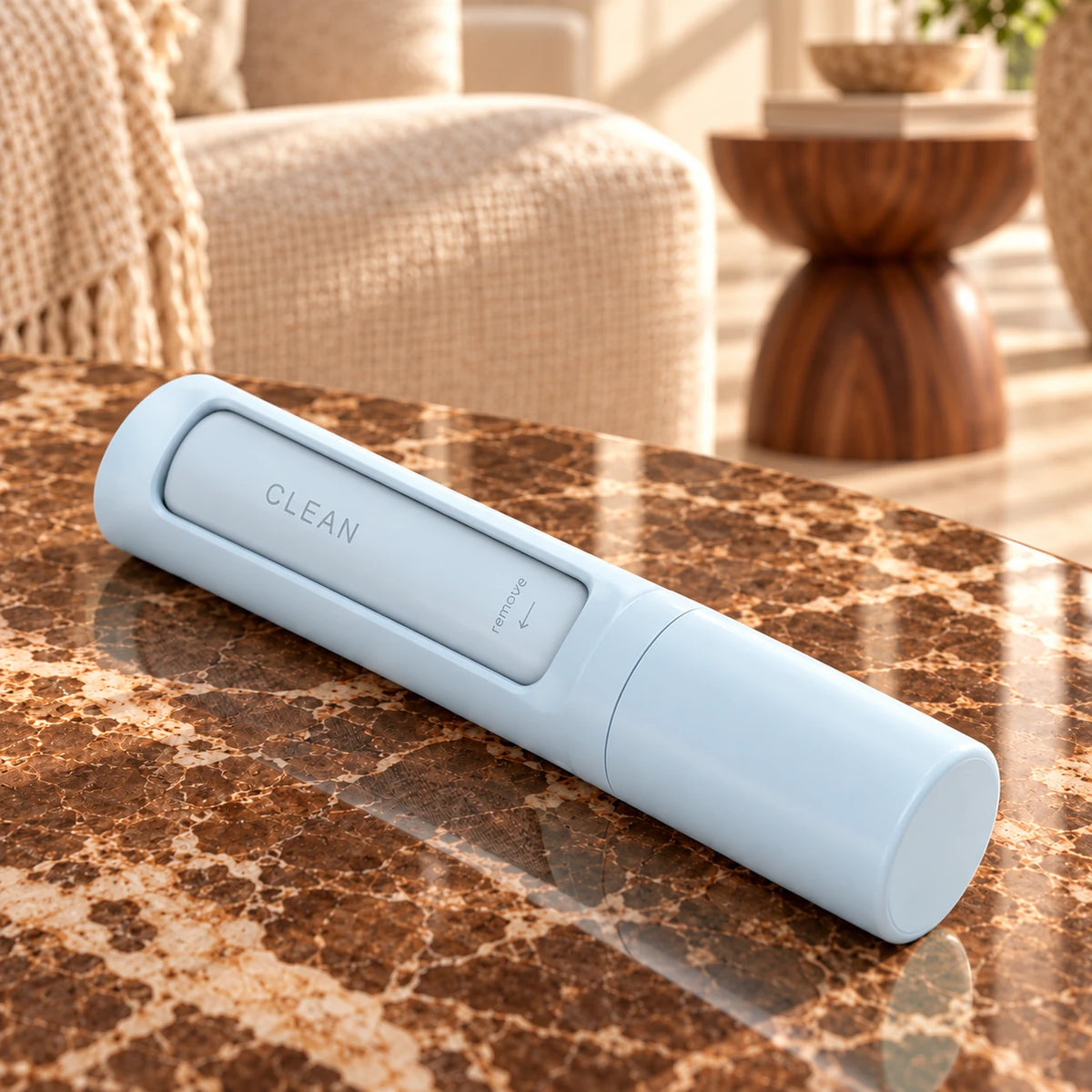 Closed light-blue reusable pet hair remover with inset CLEAN panel and cylindrical handle on brown marble.