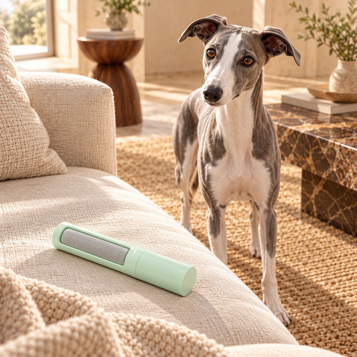 Blue-and-white whippet beside a cream sofa with a mint reusable pet hair remover resting on its fabric seat.