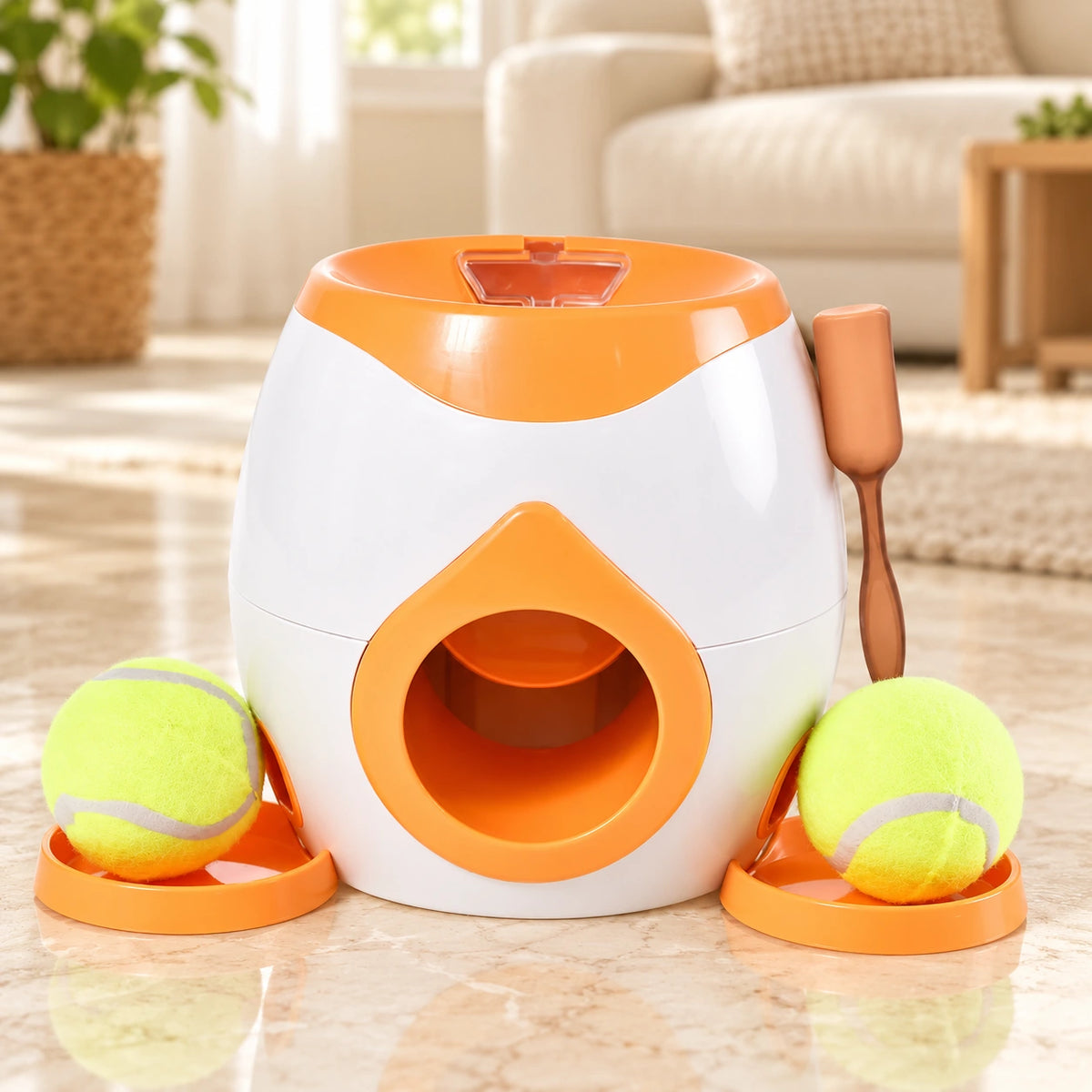 Orange and white rounded pet ball reward toy with two balls, side trays and scoop on beige marble